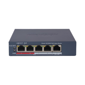 Switch PoE+ / Monitoreable / 4 Puertos 10/100 Mbps PoE+ / 1 Puerto 10/100 Mbps Uplink / Configuración Nube Hik-PartnerPro / Modo Extendido hasta 300 Metros / 45 W