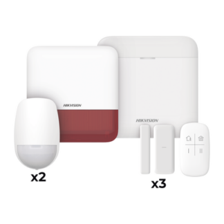 (AX PRO) KIT de Alarma AX PRO con GSM (3G/4G) / Incluye: 1 Hub con bateria de respaldo / 2 Sensores PIR / 3 Contactos Magnéticos mini / 1 Control Remoto / 1 Sirena estrobo Roja Inalambrica Exterior / WiFi / Compatible con Hik-Connect P2P