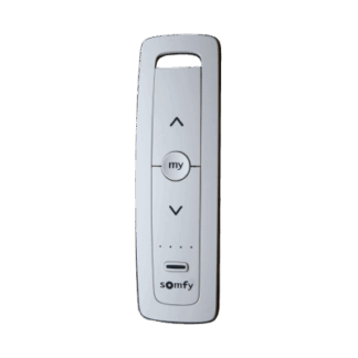 Control remoto 5 canales para motores de persiana Somfy con señal inalámbrica, instrucciones: sube, baja y detener, con posición favorita programada.